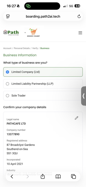 Boarding step — confirm your company details