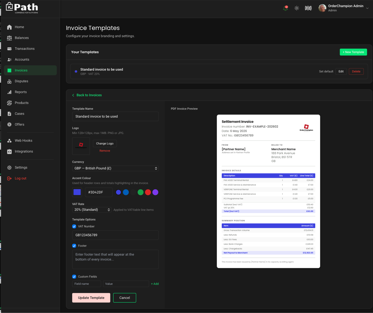 Path dashboard invoice templates with a branded PDF invoice preview