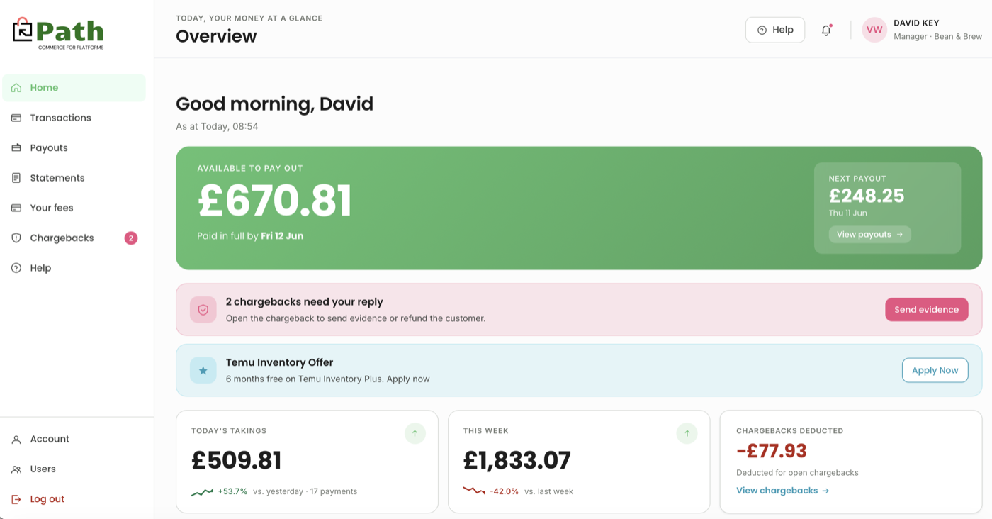 The Path merchant portal home screen showing payouts, chargebacks and takings